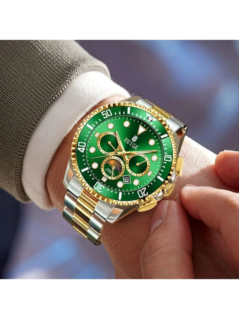 Men's Green Two-Tone Gold Steel Mechanical Waterproof Luminous Wrist Watch
